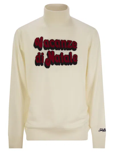 Mc2 Saint Barth Wool And Cashmere Blend Turtleneck Sweater Vacanze Di Natale In White