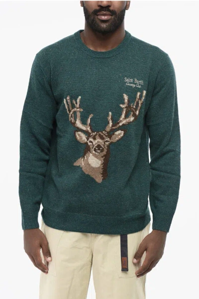 Mc2 Saint Barth Wool Blend Country Club Crew-neck Sweater With Deer Embroide In Green