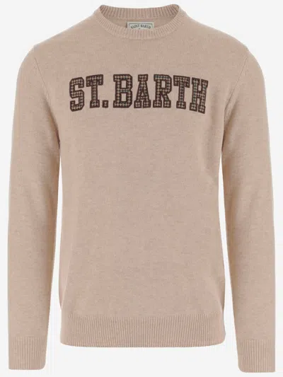 Mc2 Saint Barth Wool Blend Pullover With Logo In Beige