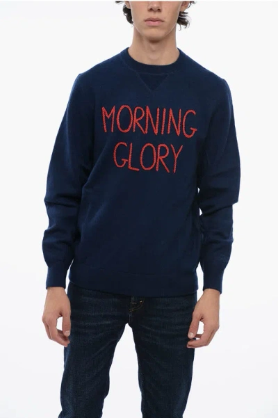 Mc2 Saint Barth Wool Morning Glory Crewneck Sweater With Contrasting Embroid In Blue