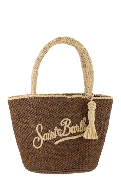 Mc2 Saint Barth Woven Raffia Tote Bag With Embroidered Logo In Brown