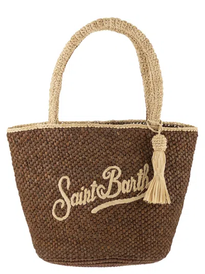 Mc2 Saint Barth Woven Raffia Tote Bag With Embroidered Logo In Brown