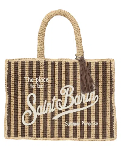 Mc2 Saint Barth Woven Rectangular Tote Bag With Vertical Stripes In White