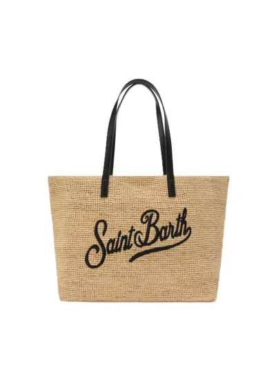 Mc2 Saint Barth Woven Tote Bag With Embroidered Logo In Neutral