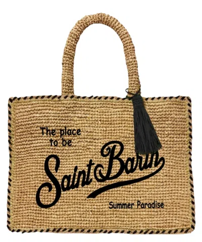 Mc2 Saint Barth Woven Tote Bag With Embroidered Text In Beige