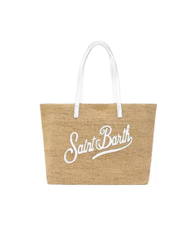 Mc2 Saint Barth Woven Tote Bag With Prominent Script Logo In Brown