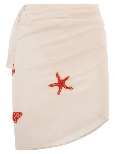 Mc2 Saint Barth Wrap Skirt In Fluid Fabric With Contrasting Embroidery In Neutral
