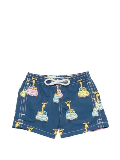 Mc2 Saint Barth Kids' X Fiat 500 Jean Giraffe-print Swim Shorts In Blue