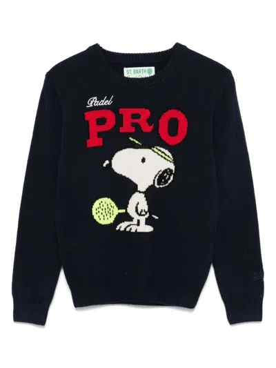 Mc2 Saint Barth Kids' Douglas Blue Sweater With Snoopy Padel Pro Embroidery In Wool And Cashmere Blend Boy