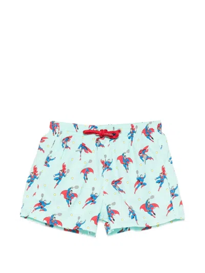 Mc2 Saint Barth Kids' X Superman Jean Lighting Print-detail Drawstring Swim Shorts In Blue