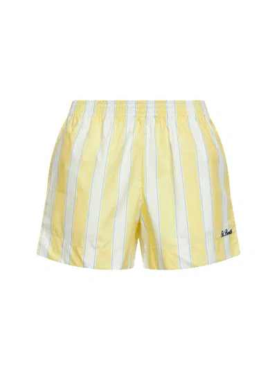 Mc2 Saint Barth Yellow And Cream Striped Poplin Embroidered Meave Shorts In Multi