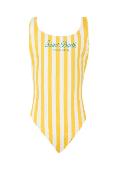 Mc2 Saint Barth Kids' Yellow One-piece Swimsuit For Girl With Logo In Multi