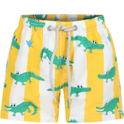 Mc2 Saint Barth Kids' Yellow Swim Shorts For Boy With Crocodile Print