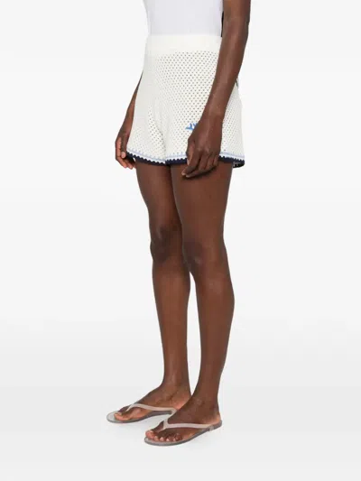 Mc2 Saint Barth Yvette Crochet-knit Coral-embroidered Shorts In White