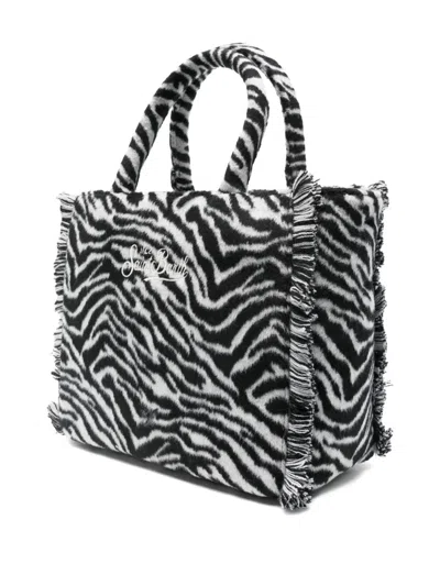 Mc2 Saint Barth Zebra Print Fringed Tote Bag In Black