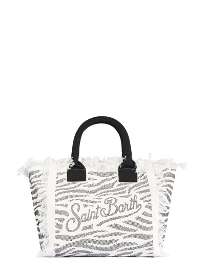 Mc2 Saint Barth Zebra Print Vanity Shoulder Bag With Fringed Edges In White
