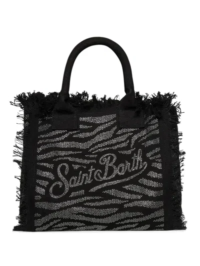 Mc2 Saint Barth Zebra-print Frayed Tote Bag In Black