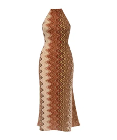 Mc2 Saint Barth Zigzag Halterneck Maxi Dress In Brown