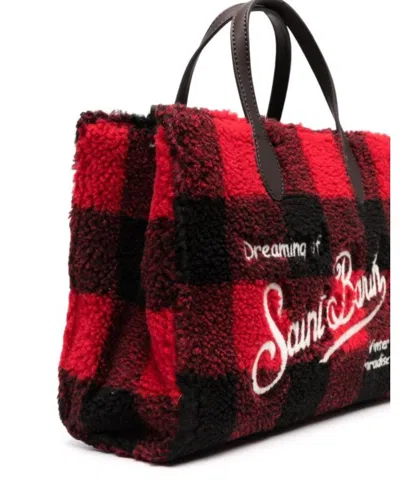 Mc2 St Barth Women's Red Black Check Wool Leather Tote Handbag