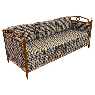 Pre-owned Mcguire 1960s Mcm Faux Rattan Wood Pagoda Upholstered Daybed Sofa In Brown