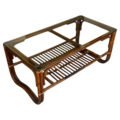 Pre-owned Mcguire 1970s Double Tier Rattan Glass Coffee Table In Brown