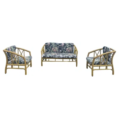 Pre-owned Mcguire 1970s Faux Rattan Chinoiserie Style Aluminum Mcm Floral Sofa Chairs, Set 3 In Gray