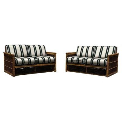 Pre-owned Mcguire 1970s Fine Rattan Green White Stripes  Style Settee Sofa, Set Of 2
