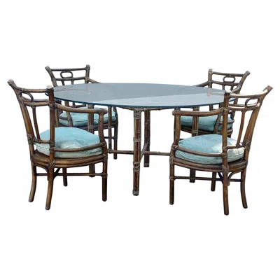 Pre-owned Mcguire 1970s  Rattan Chinoiserie Down Round Glass Dining Set, Set Of 5 In Black