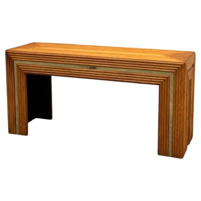 Pre-owned Mcguire 1970s Rattan & Brass Geometric Console Table With Stepped Frame In Brown