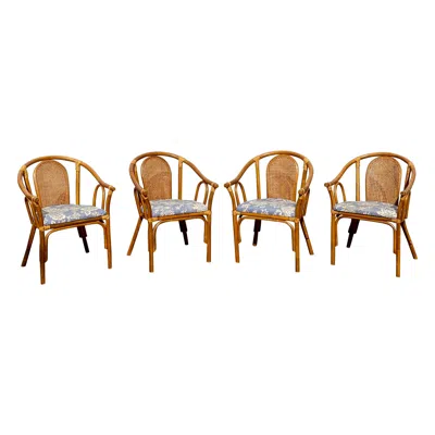 Pre-owned Mcguire 1970s Rattan Cane Barrel Blue And White Dining Chairs, Set Of 5
