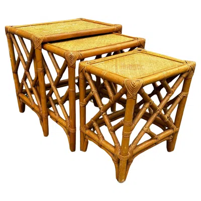 Pre-owned Mcguire 1970s Set Of Three  Style Rattan Weaved Nesting Tables In Brown