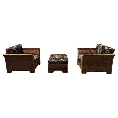 Pre-owned Mcguire 1970s Tropical Sculptural Finely Crafted Rattan Chairs Ottoman, Set Of 3 In Brown