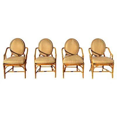Pre-owned Mcguire 1980s  Beige Gold Herringbone Rattan Chairs, Set Of 4 In Brown