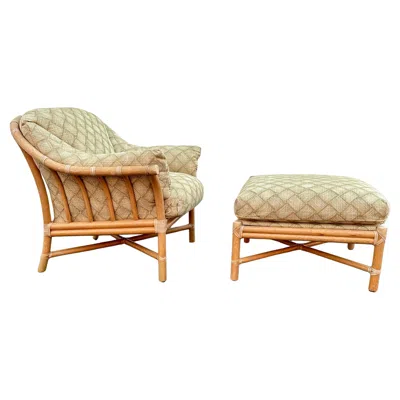 Pre-owned Mcguire 1980s  Rattan Green Beige Chair Ottoman, Set Of 2