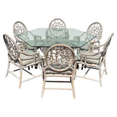 Pre-owned Mcguire 1980s  Rattan Ice Washed Rustic Dining Chairs And Table, Set Of 7 In Gray