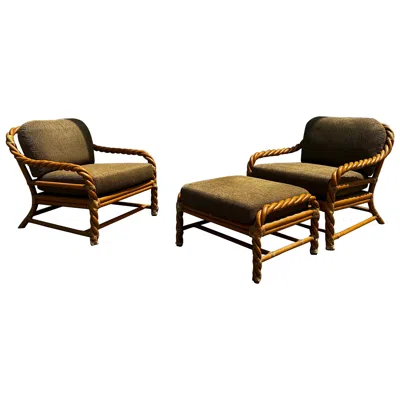 Pre-owned Mcguire 1980s  Twisted Rattan Green Beige Chairs And Ottoman, Set Of 3