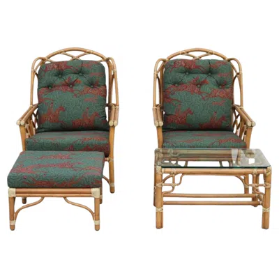 Pre-owned Mcguire 4-piece Set: Pair Of Rattan Wing Lounge Chairs, Ottoman And Side Table In Brown
