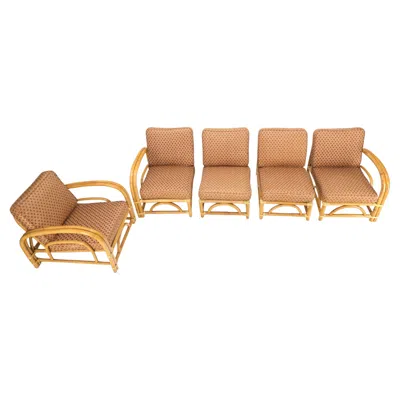 Pre-owned Mcguire 5 Pieces Set Of Mid Century Rattan Bamboo Sectional Sofa & Arm Longe Chair Mint In Brown