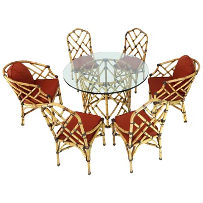 Pre-owned Mcguire 7 Pieces Bamboo Dining Set Round Glass Top Table Two Arm Chairs Leather In Sand
