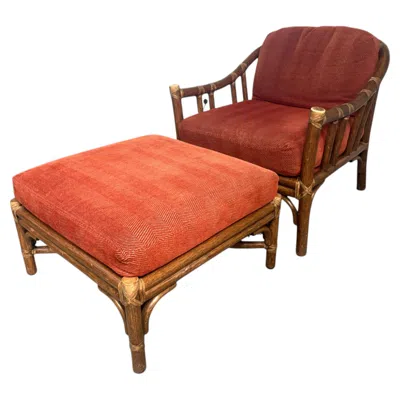 Pre-owned Mcguire Bamboo And Rattan Lounge Chair With Hassock, , Late 20th Century In Brown