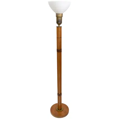 Pre-owned Mcguire Bamboo Brass & Leather Handmade Mid-century Modern Floor Lamp Milk Glass Globe In Brown