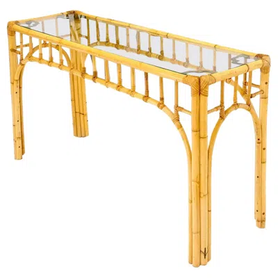 Pre-owned Mcguire Bamboo Frame Glass Top Console Table W/ Figurative Brass Supports In Orange