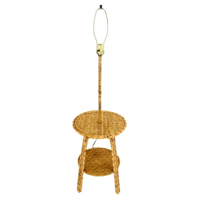 Pre-owned Mcguire Bamboo Rattan C1970s 4 Legged Two Tier Round Side Table Floor Lamp Mint! In Brown