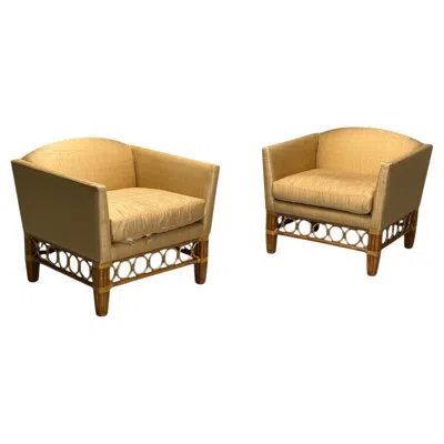 Pre-owned Mcguire , Bamboo, Rattan, Fabric, Large Lounge Chairs, Usa, 1960s In Brown