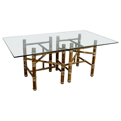 Pre-owned Mcguire Campaign Style Double Pedestal Dining Table By  Bamboo Bases & Glass Top In Gray