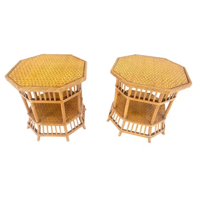 Pre-owned Mcguire Cane Bamboo Rattan Octagon Shape 2 Tier End Side Lamp Occasional Table Mint In Orange