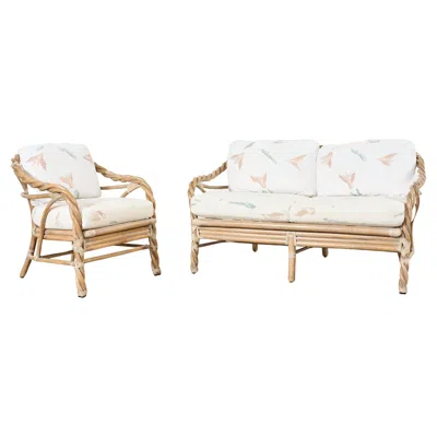 Pre-owned Mcguire Cerused Twisted Rattan Settee And Lounge Chair In Brown