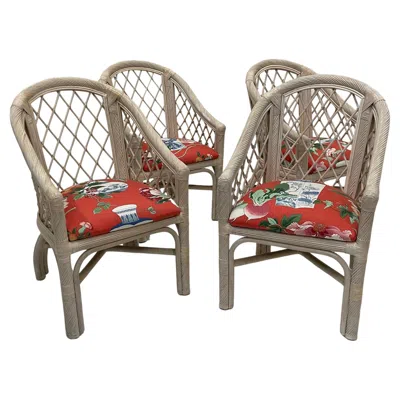 Pre-owned Mcguire Classic Set Of 4  Whitewashed Handcrafted Barrel Back Rattan Armchairs In Brown