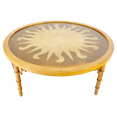 Pre-owned Mcguire Decorative Round Faux Bamboo Gold Leaf Sunburst Theme Top Coffee Table Mint