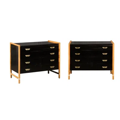 Pre-owned Mcguire Elegant Pair Of Cerused Oak And Rattan Campaign Chests By , Circa 1970 In Brown